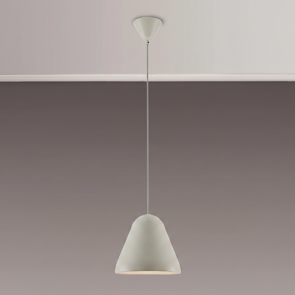 White pendant light with a conical shade hanging from a white ceiling
