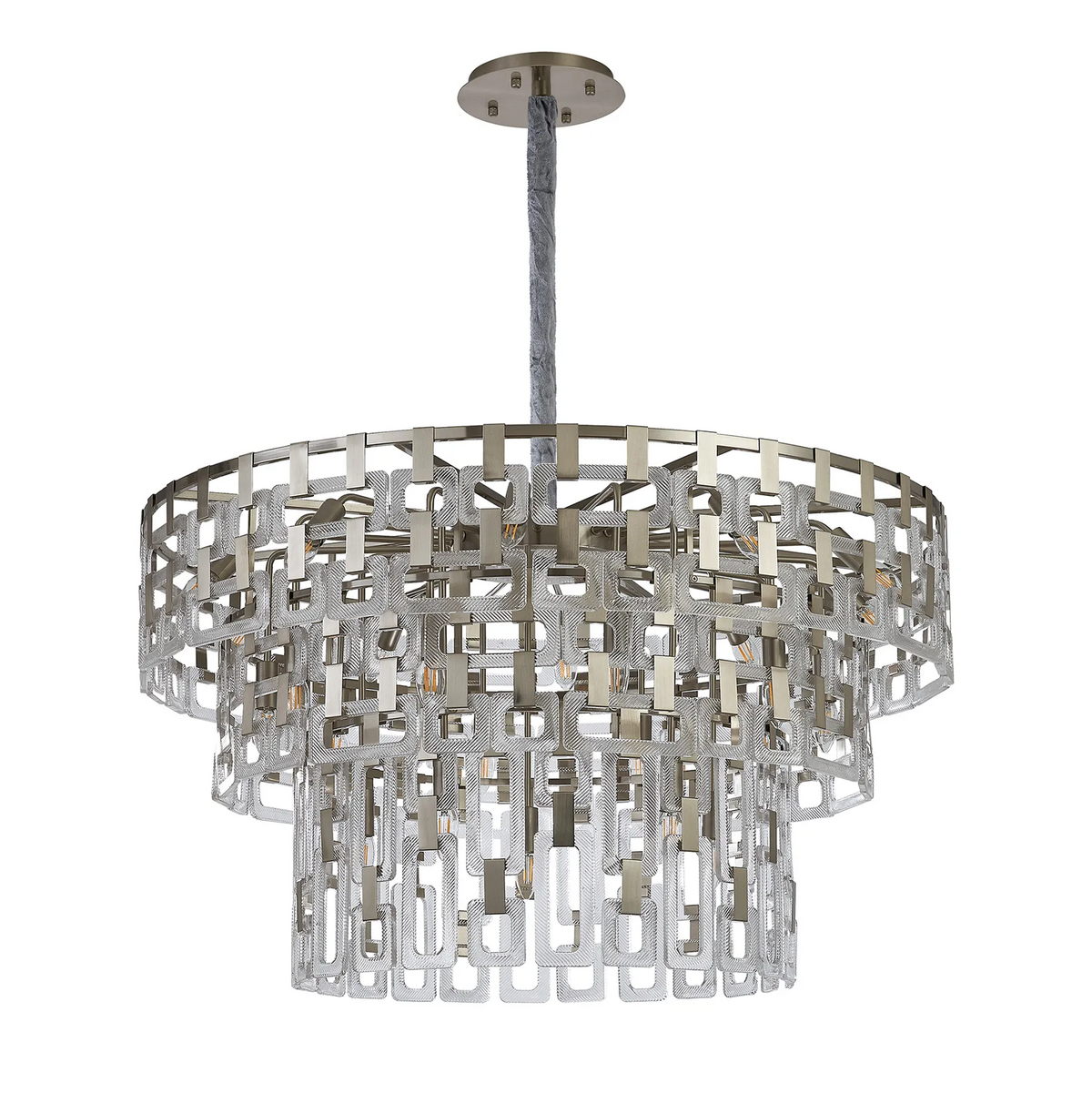 Heptonstall 1000mm Three Tier Round Pendant in Satin Nickel with Clear Glass