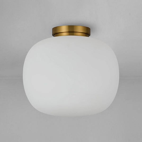 Lumiere Milton Medium Oval Ball Flush Ceiling Light in Aged Brass & Frosted White Shade
