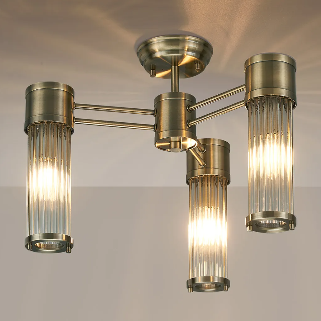 Tansley E14 IP44 Three Light Semi Flush Ceiling Light in Antique Brass with Clear Glass Rods