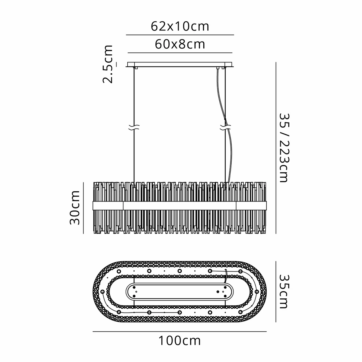 Technical drawing of the chandelier with dimensions: 100cm length, 35cm width, 30cm height, 35-223cm drop