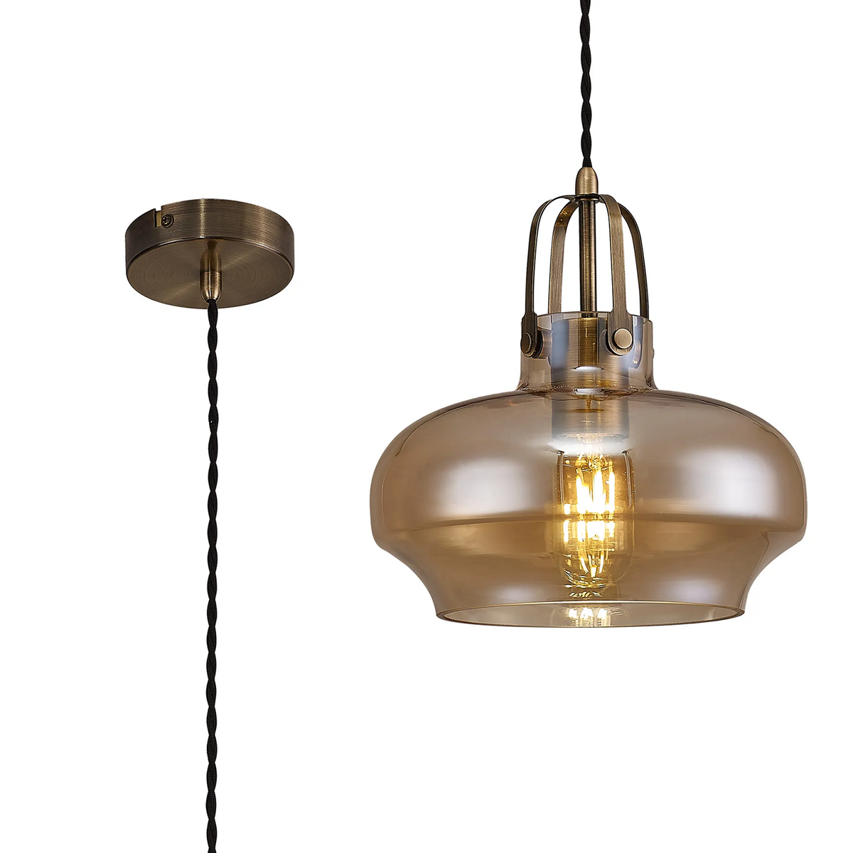 Bedlington Single Drop Pendant in Antique Brass with Amber Plated Glass Shade