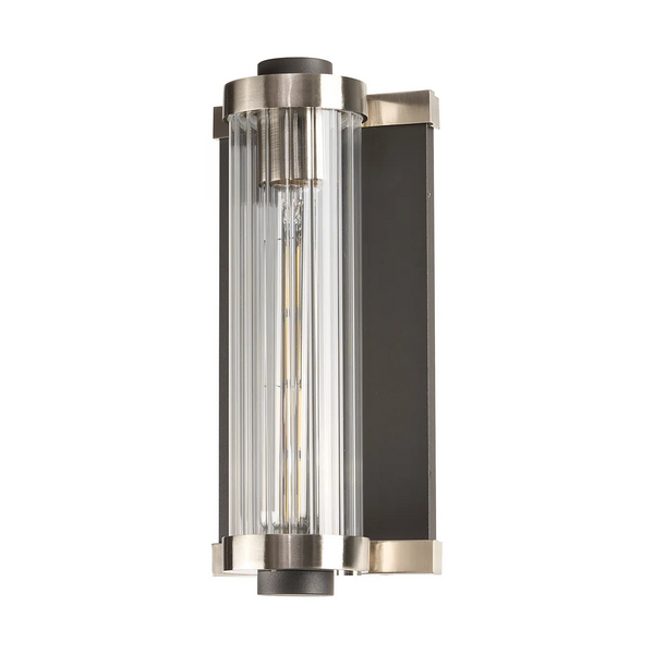 Vertical wall sconce with a dark bronze backplate and brushed nickel accents, clear ribbed glass cylinder
