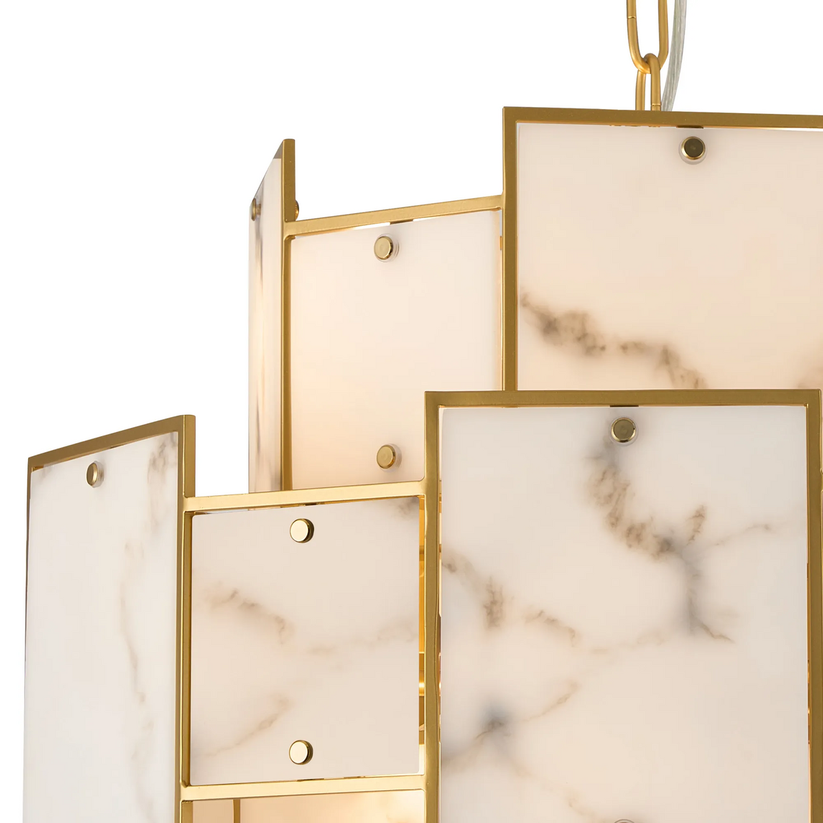 Close up of a gold chandelier with rectangular alabaster panels