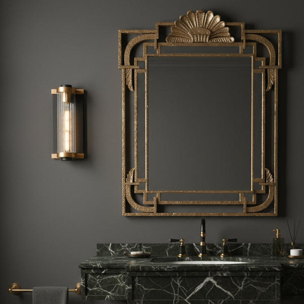 Beeley IP54 Wall Light in Black & Gold with Ribbed Glass Shade