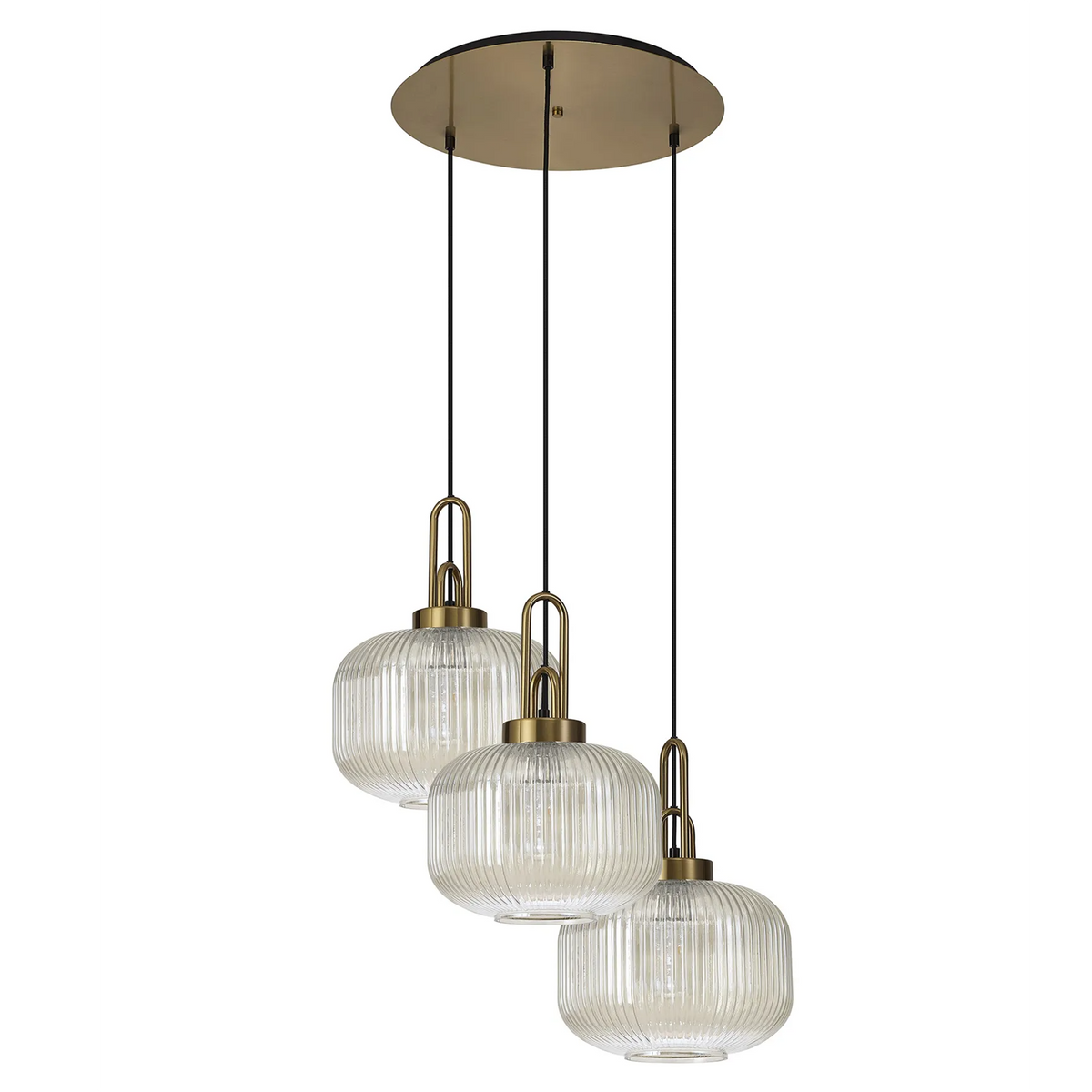 Atherington Pumpkin 3 Drop Pendant in Brass Gold with Ribbed Champagne Shade