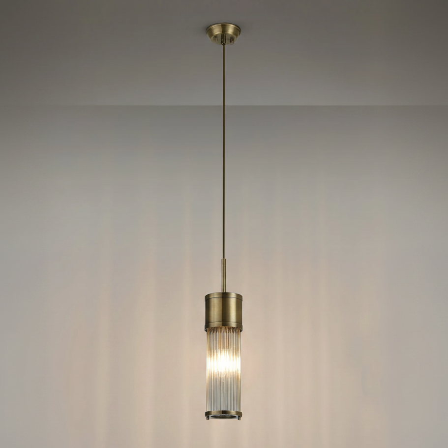 Tansley E14 IP44 Single Drop Pendant in Antique Brass with Clear Glass Rods