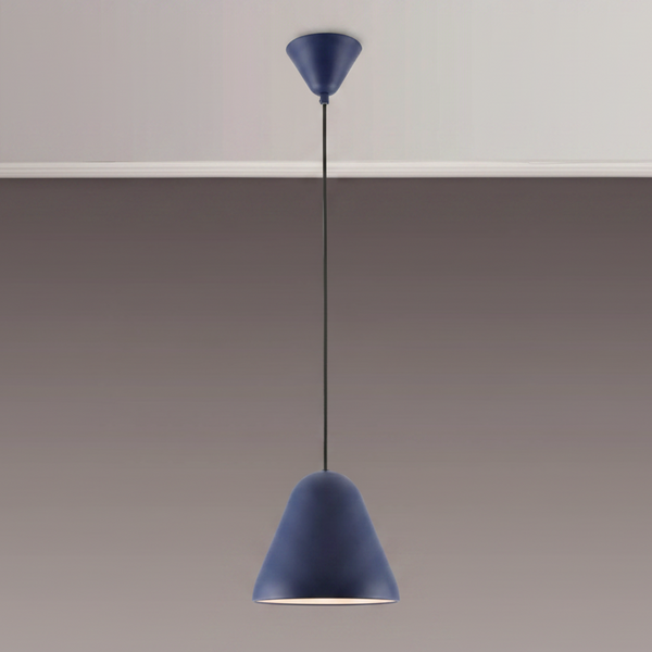Blue pendant light with a conical shade hanging from a ceiling