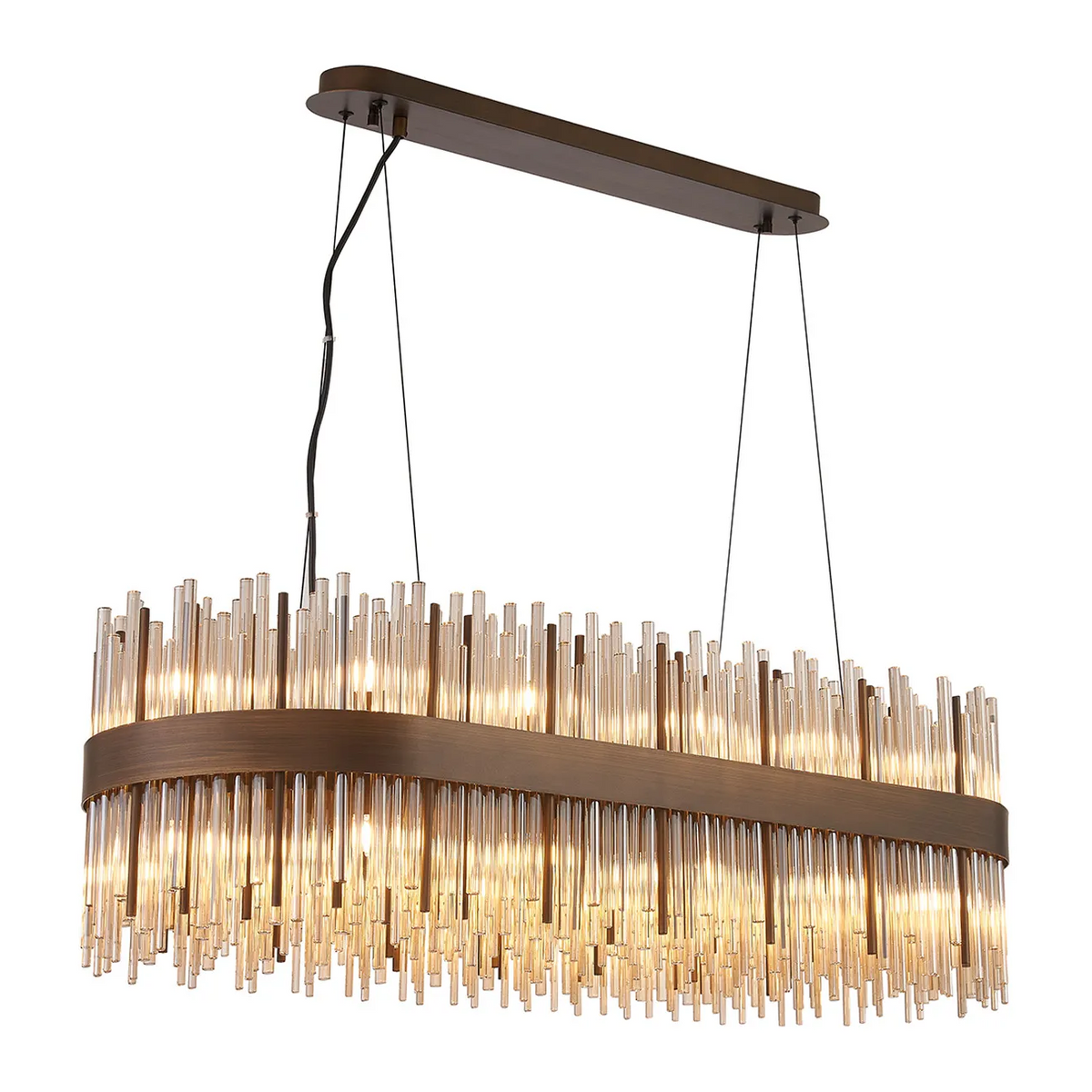 Rectangular chandelier with bronze frame and clear glass rods
