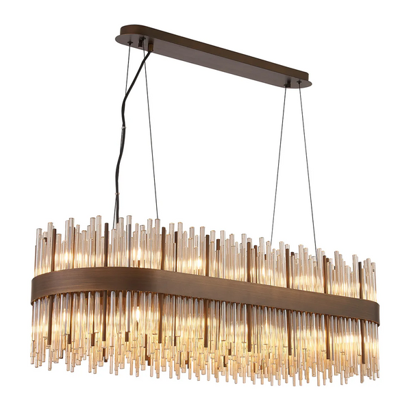 Rectangular chandelier with bronze frame and clear glass rods