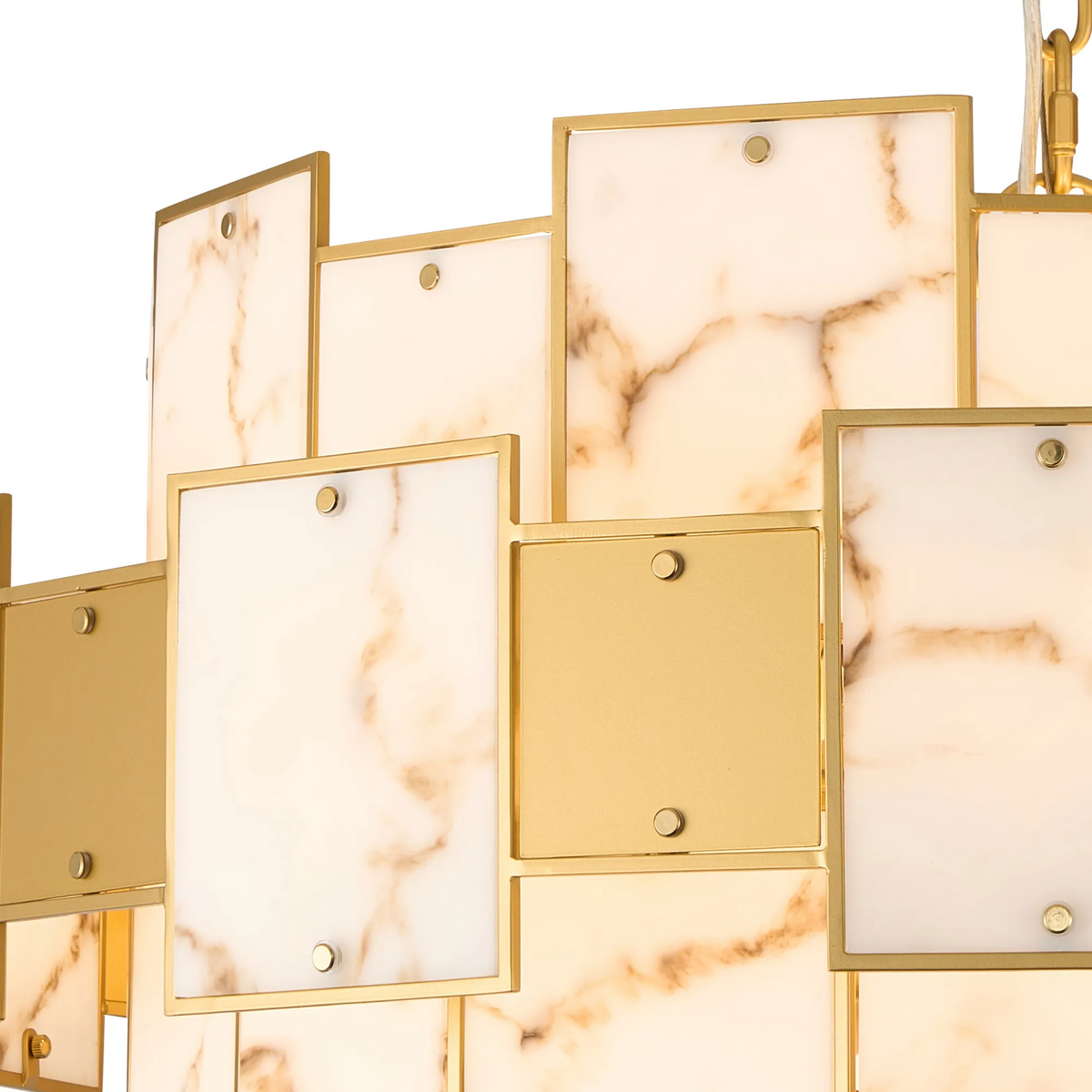 Close-up of a gold and marble chandelier with rectangular panels