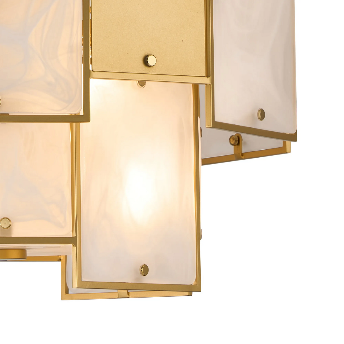 Close up of a gold and white chandelier