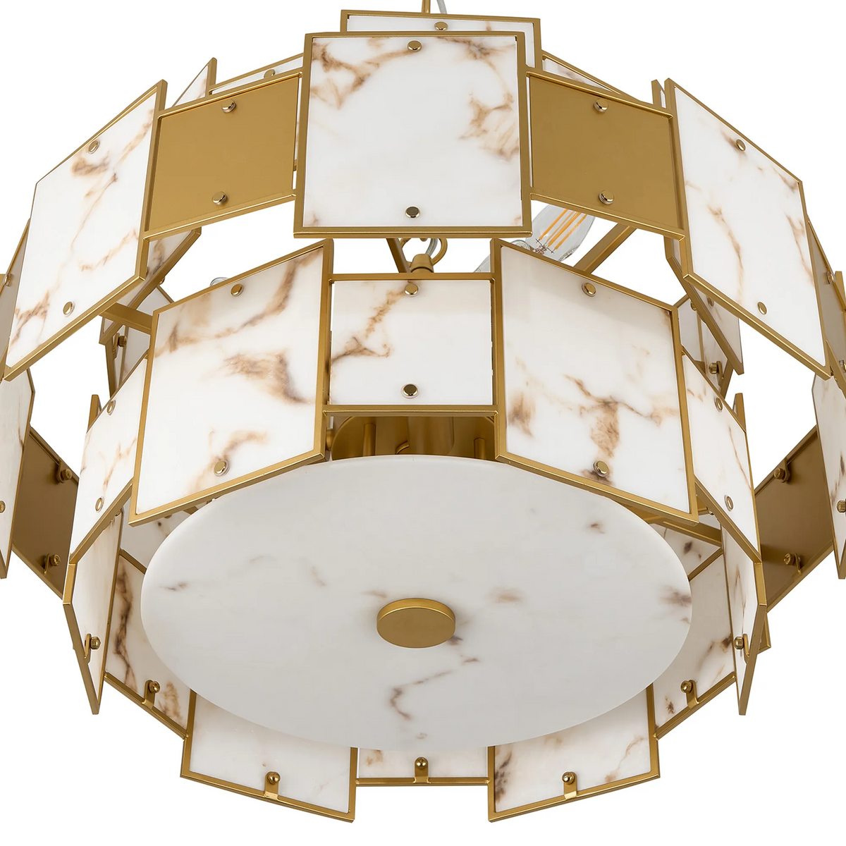 Gold and marble chandelier with a hexagonal design