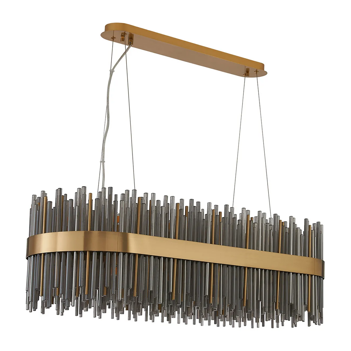 Rectangular chandelier with a gold frame and clear and gold glass rods