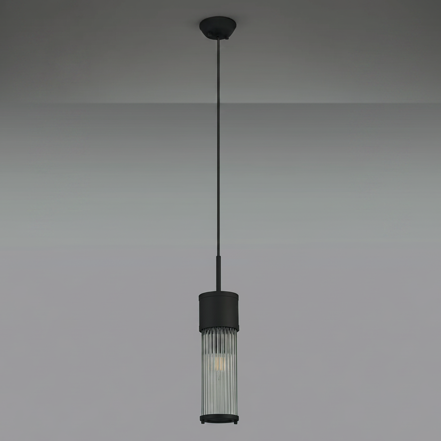 Tansley E14 IP44 Single Drop Pendant in Satin Black with Clear Glass Rods