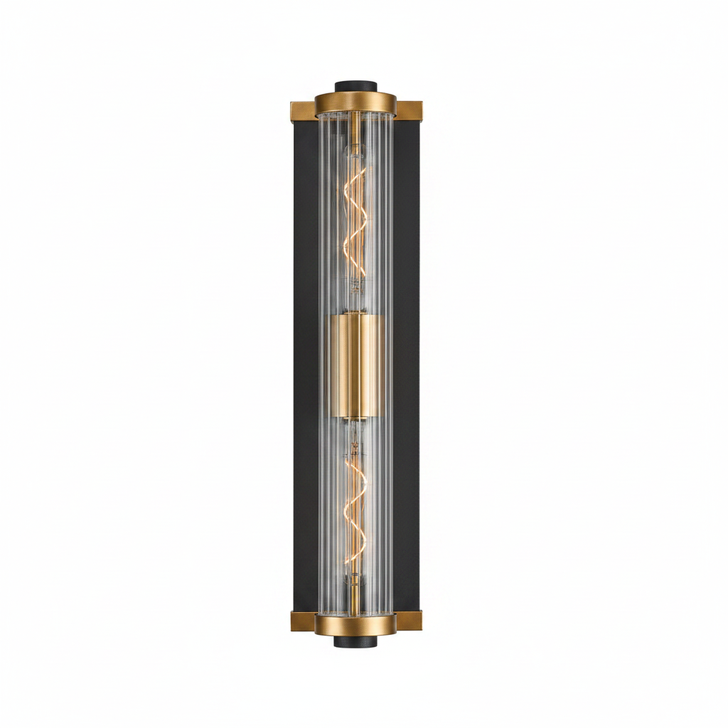 Beeley Large IP54 Wall Light in Black & Gold with Ribbed Glass Shade