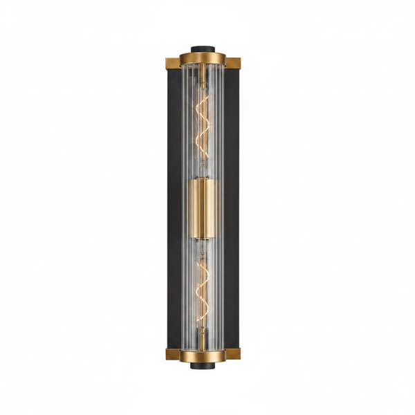 Beeley Large IP54 Wall Light in Black & Gold with Ribbed Glass Shade