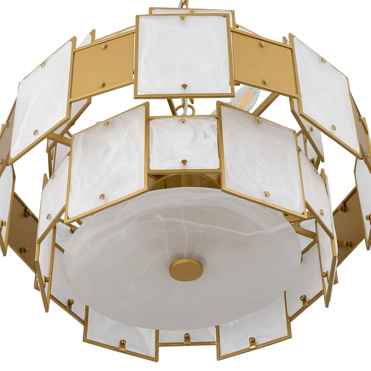 Gold and white chandelier with square and round frosted glass panels