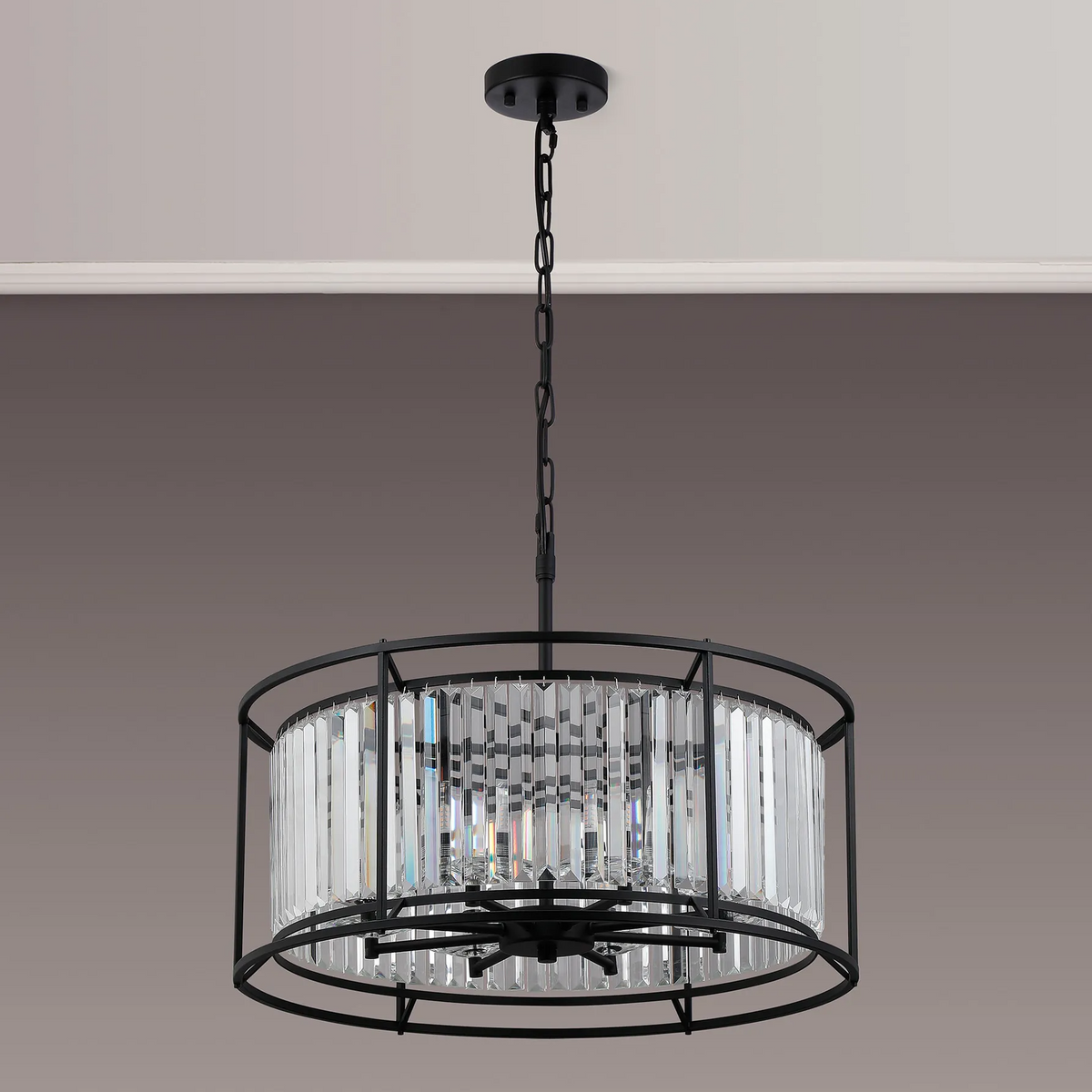 Black metal chandelier with clear rectangular crystal accents