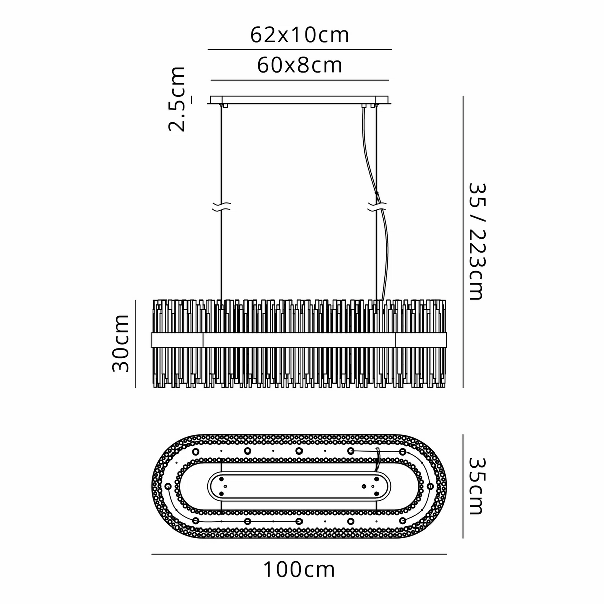 Technical drawing of the chandelier with dimensions: 100cm length, 35cm width, 30cm height, 35-223cm drop