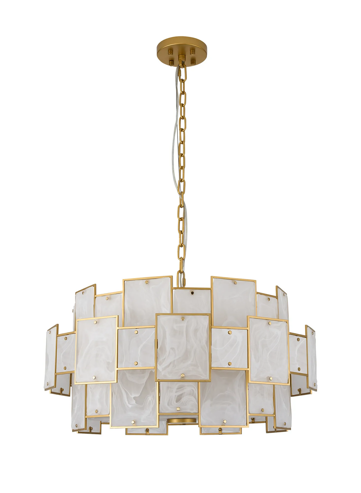 Gold chandelier with rectangular white marble-effect panels