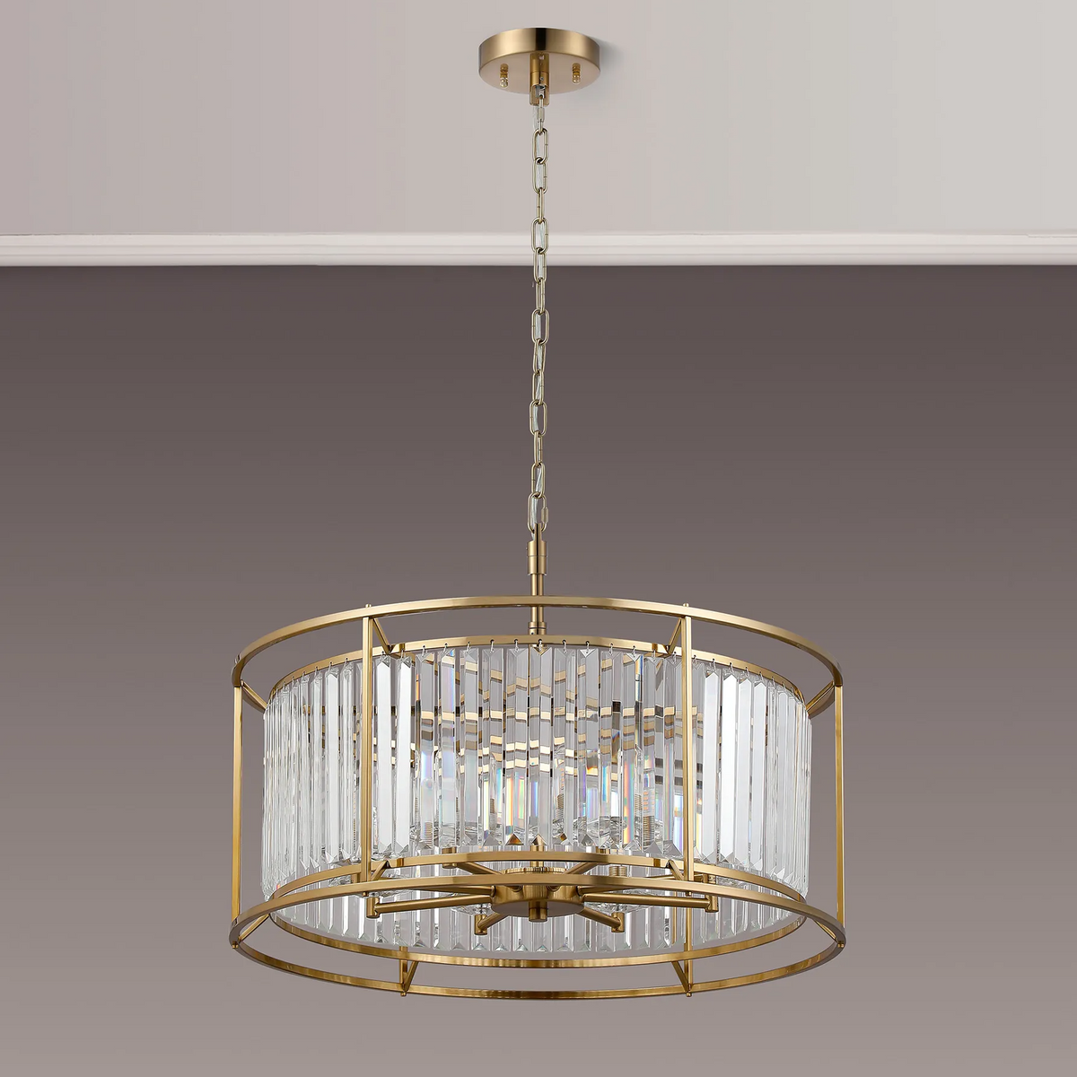Round gold chandelier with clear crystal rods