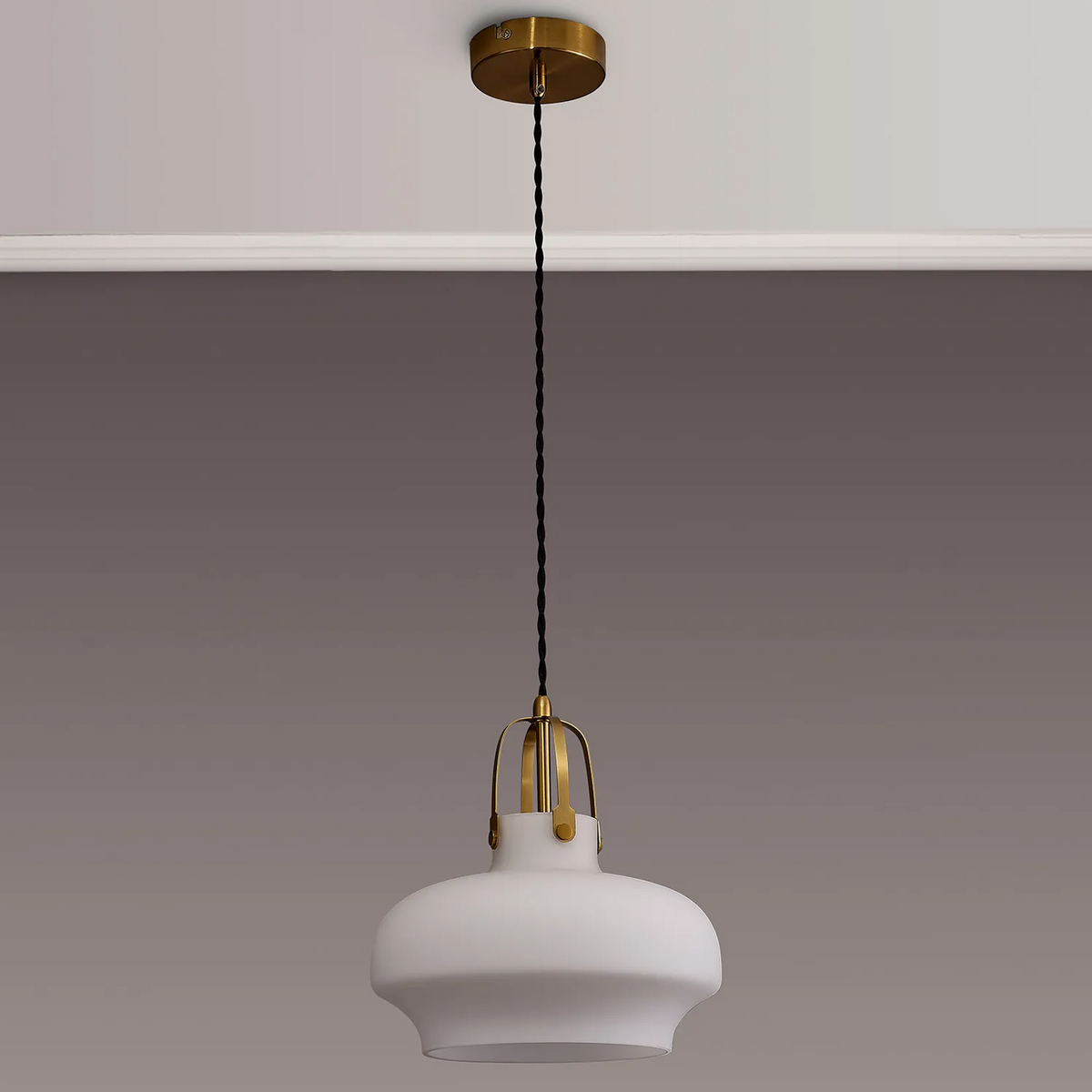 Bedlington Single Drop Pendant in Aged Brass with Opal Glass Shade