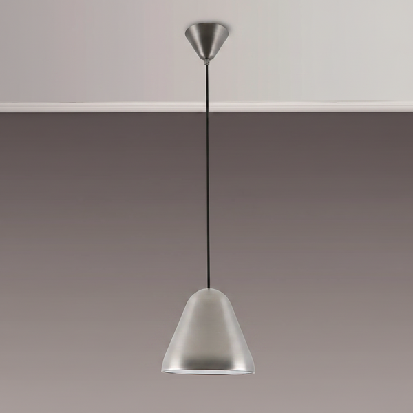 Brushed metal pendant light with a conical shade and black cord