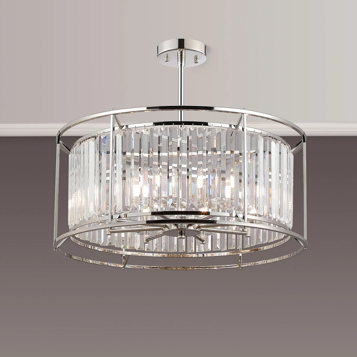 Round crystal chandelier with chrome finish