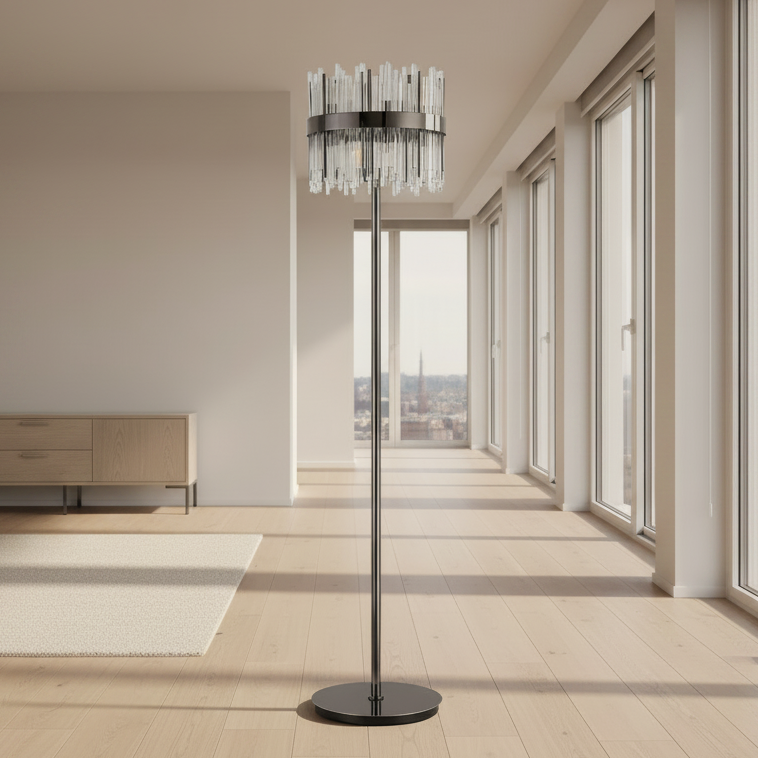 Eckington Floor Lamp in Black Chrome with Clear Glass Rods
