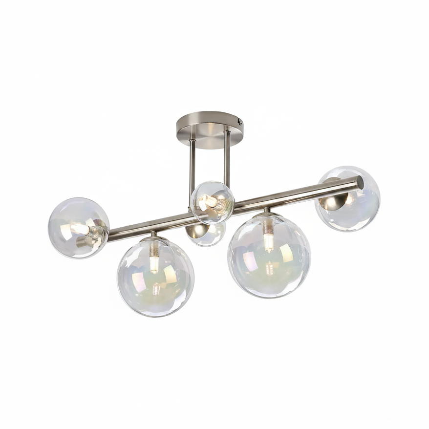 Shute 6lt Semi Flush Ceiling Light in Satin Nickel & Iridescent Plated Glass