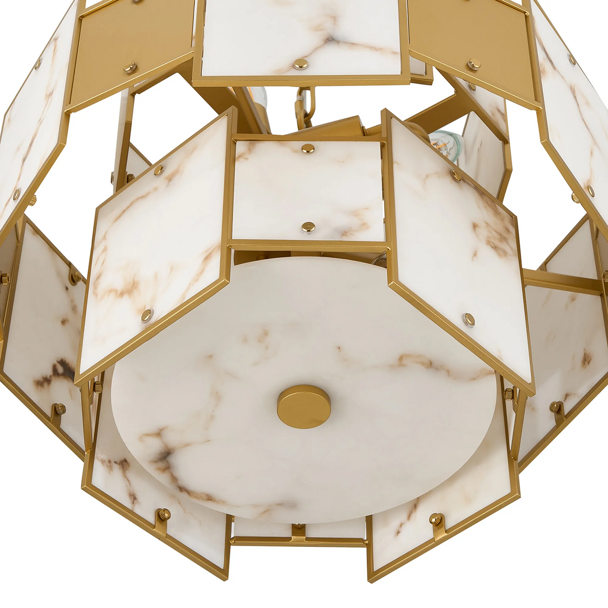 Gold and white chandelier with marble-effect panels