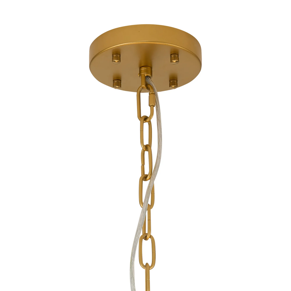 Gold ceiling plate with a gold chain and white electrical cord hanging from it