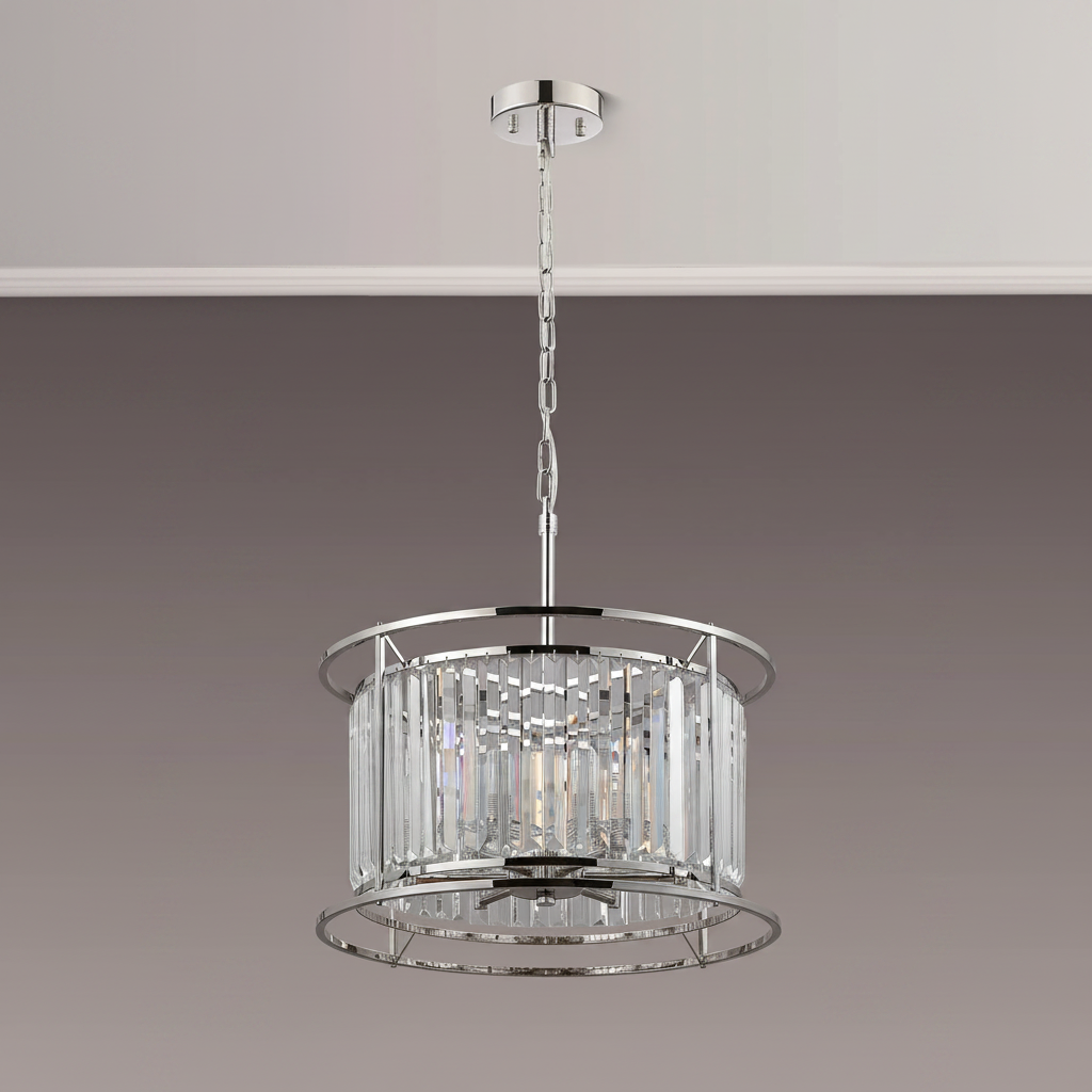 Round crystal chandelier with chrome finish