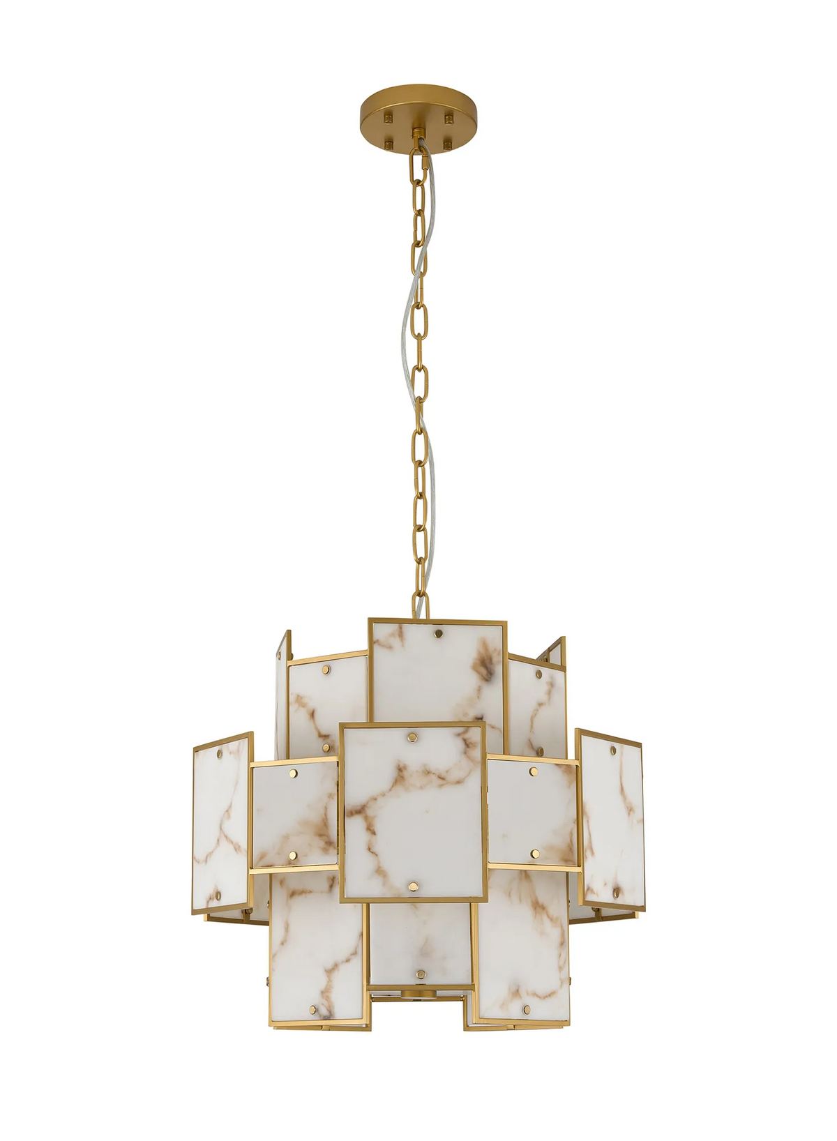 Gold chandelier with rectangular white marble panels