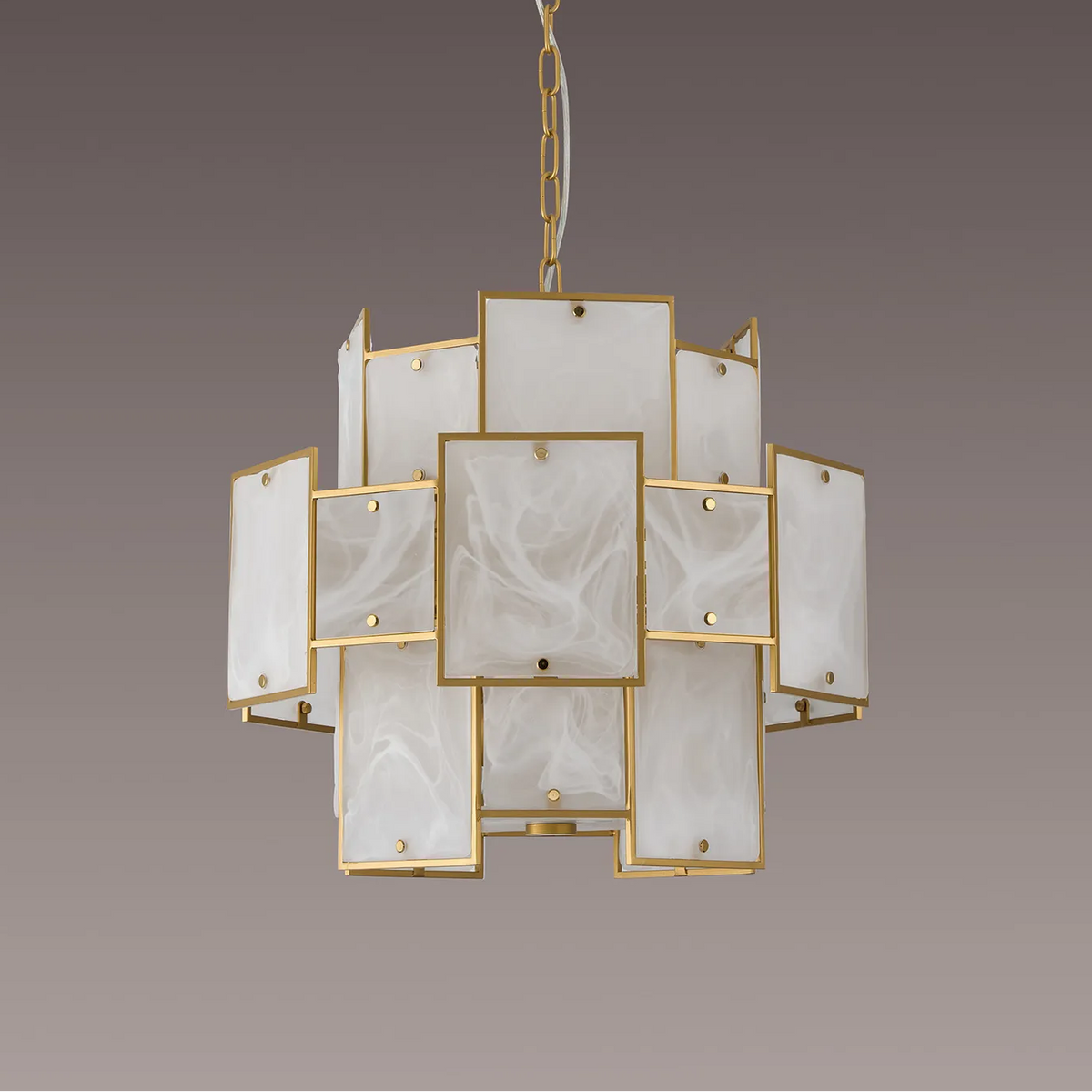 Gold chandelier with white rectangular panels