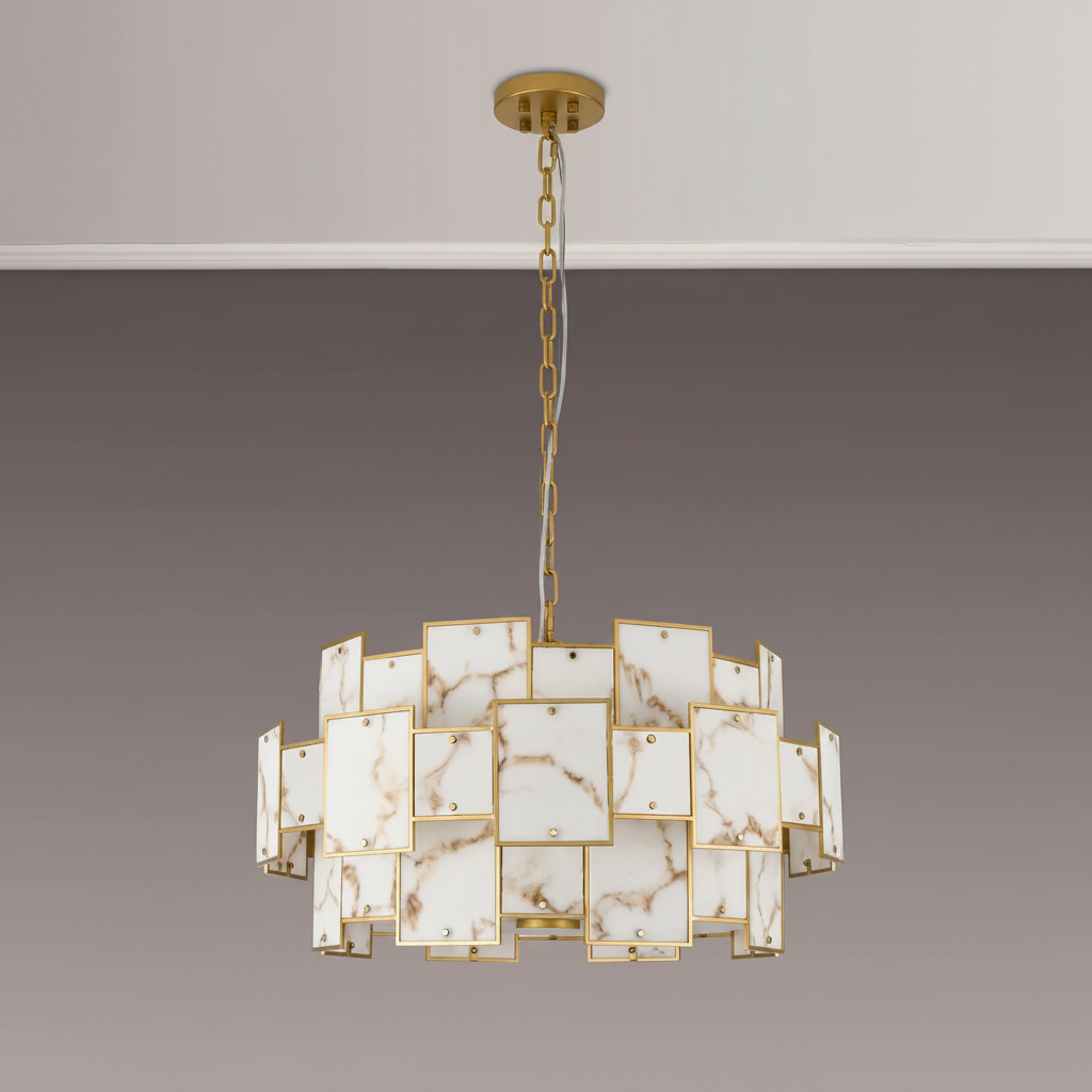 Gold and white marble chandelier with square panels