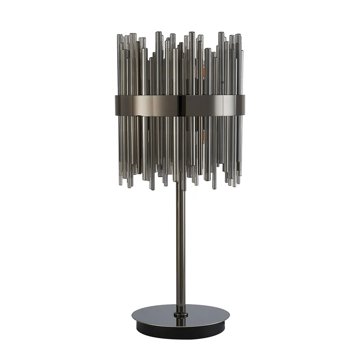 Table lamp with a cylindrical shade made of vertical glass rods and a dark metal base