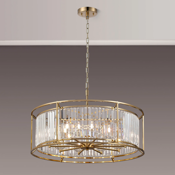 Gold chandelier with clear rectangular crystal accents