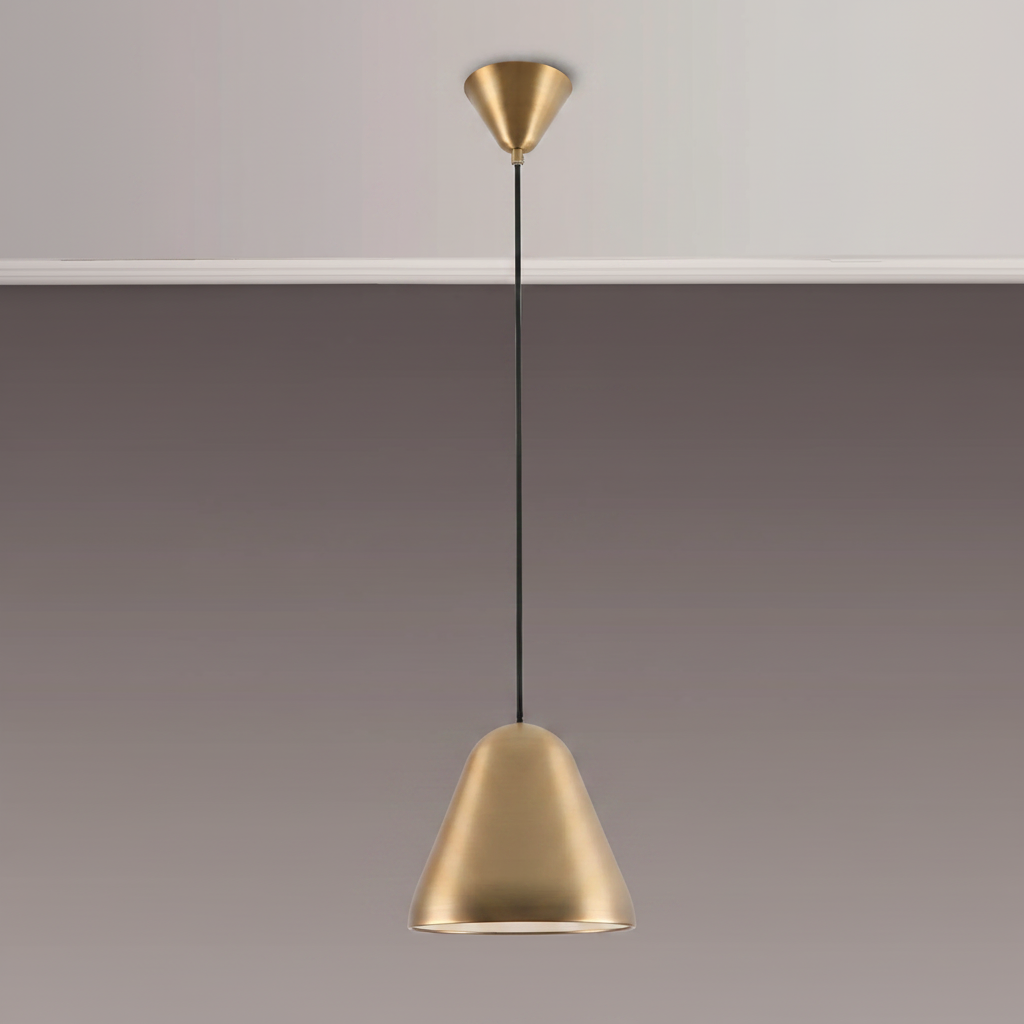 Brass pendant light with a conical shade and a black cord hanging from a white ceiling