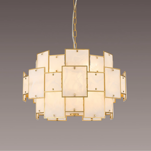 Gold and white chandelier with rectangular panels