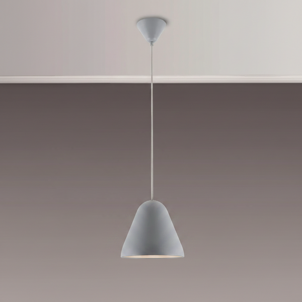 Light grey pendant light with a bell-shaped shade hanging from a white ceiling