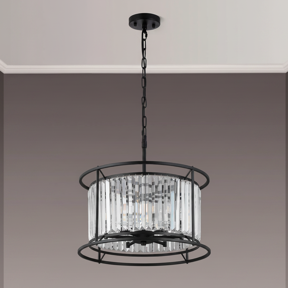 Black metal chandelier with clear rectangular crystal accents
