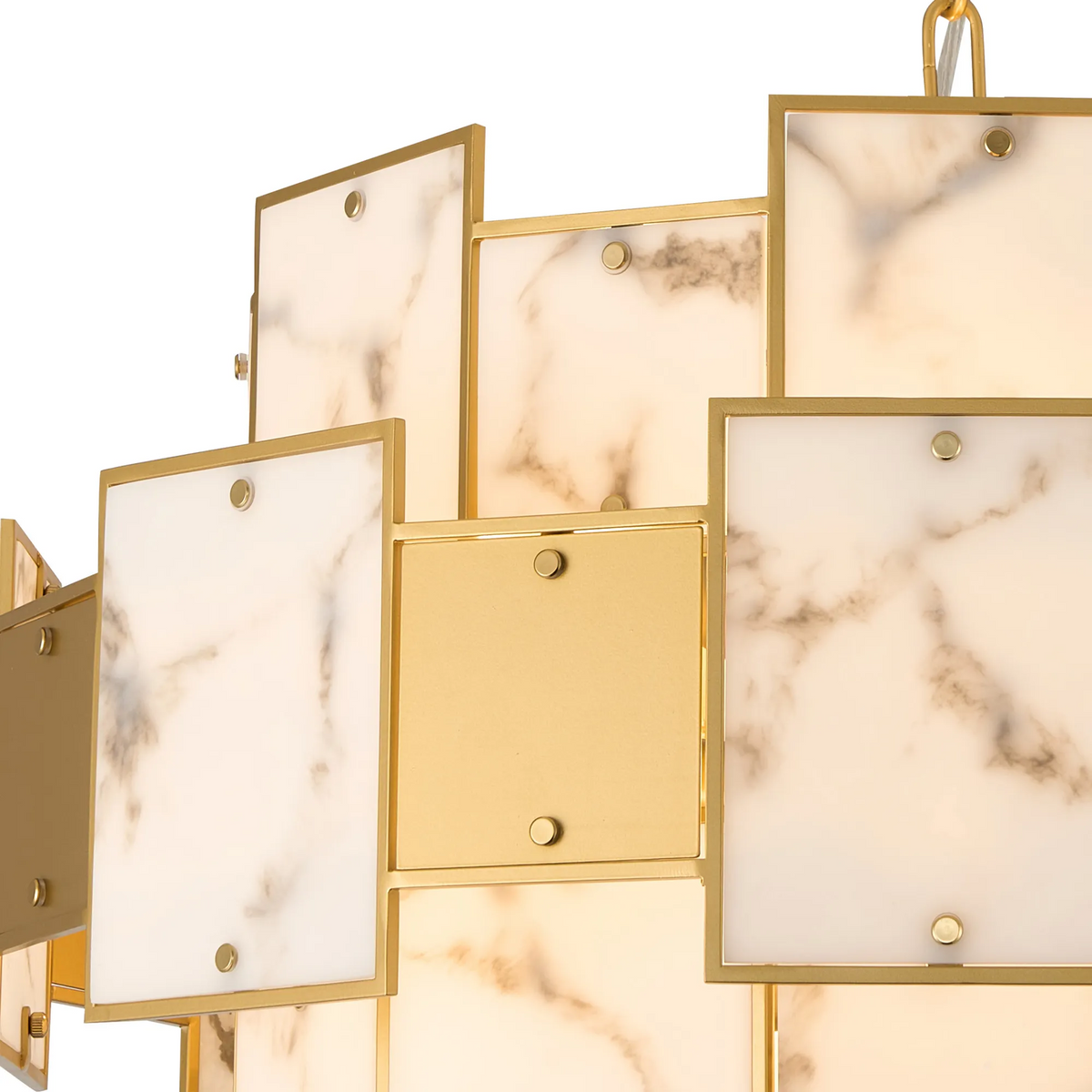 Close up of a chandelier with square gold frames and white marble panels