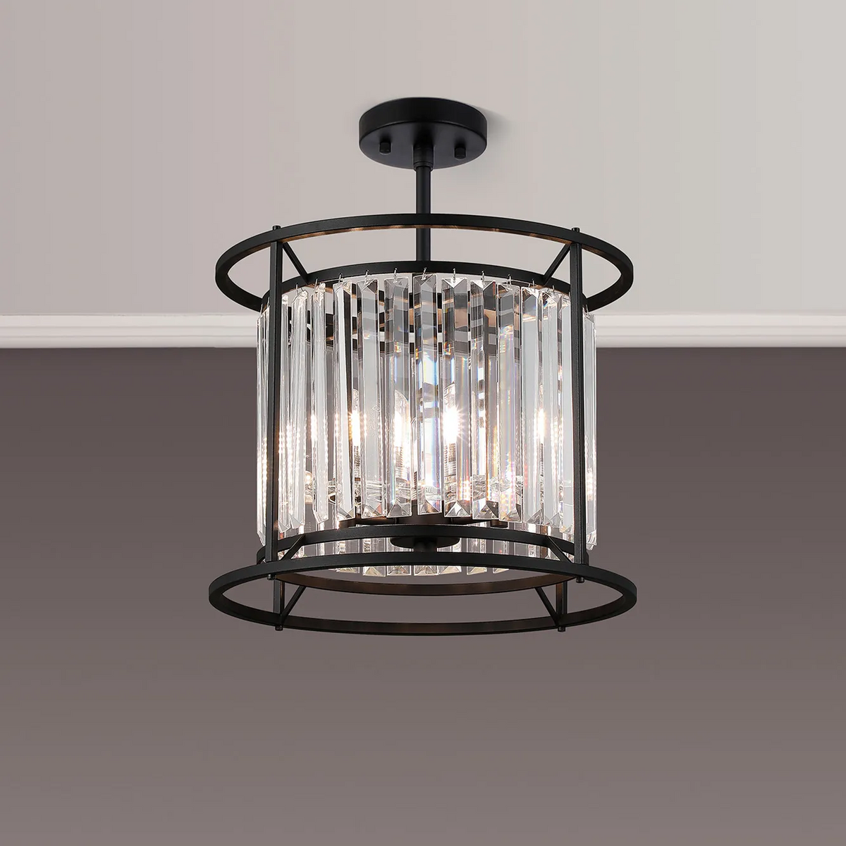 Black metal and crystal flush mount ceiling light