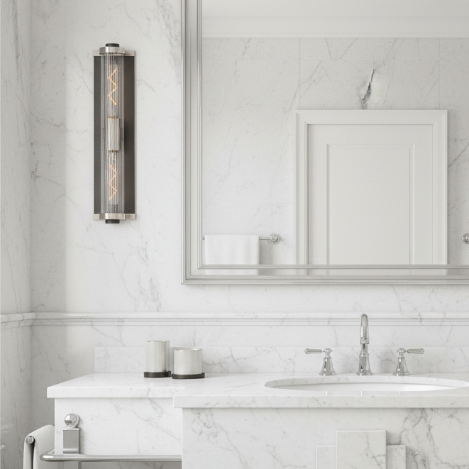Beeley Large IP54 Wall Light in Anthracite & Satin Nickel with Ribbed Glass Shade