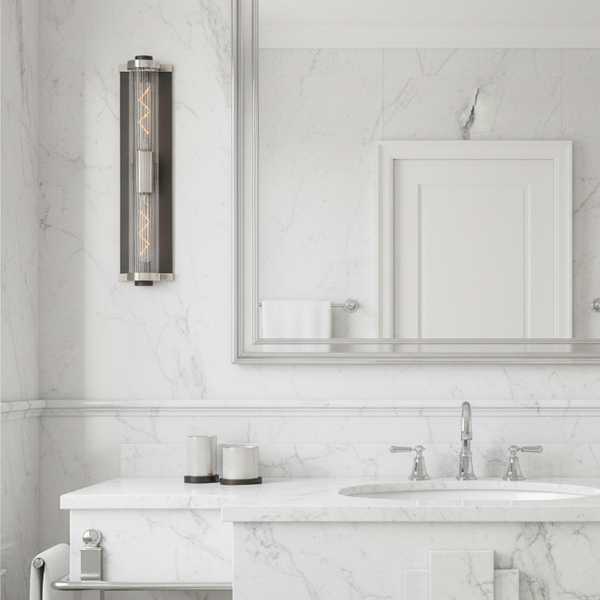 Beeley Large IP54 Wall Light in Anthracite & Satin Nickel with Ribbed Glass Shade