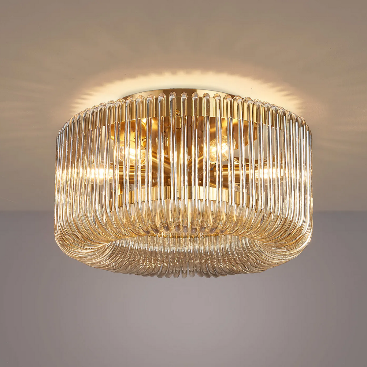 Jevington 400mm Flush Ceiling Light in Brass with Smoke Brown Glass