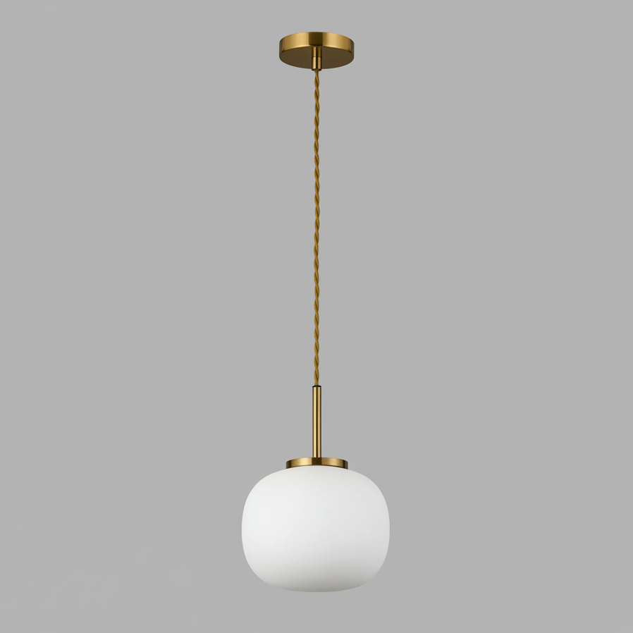 Milton Small Oval Ball Pendant in Aged Brass & Frosted White Shade