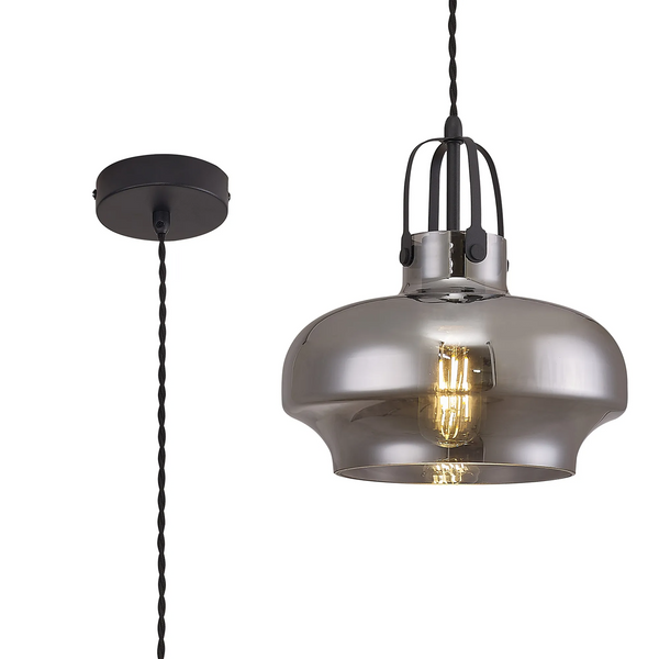 Bedlington Single Drop Pendant in Satin Black with Smoked Plated Glass Shade
